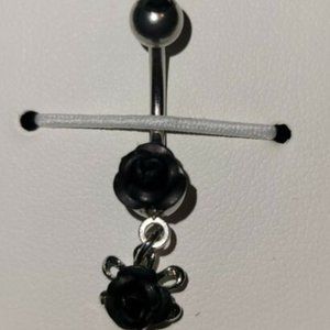 Double Metal Rose (NSQ-0292) Belly Button Navel Ring w/ Gem Ball - Black